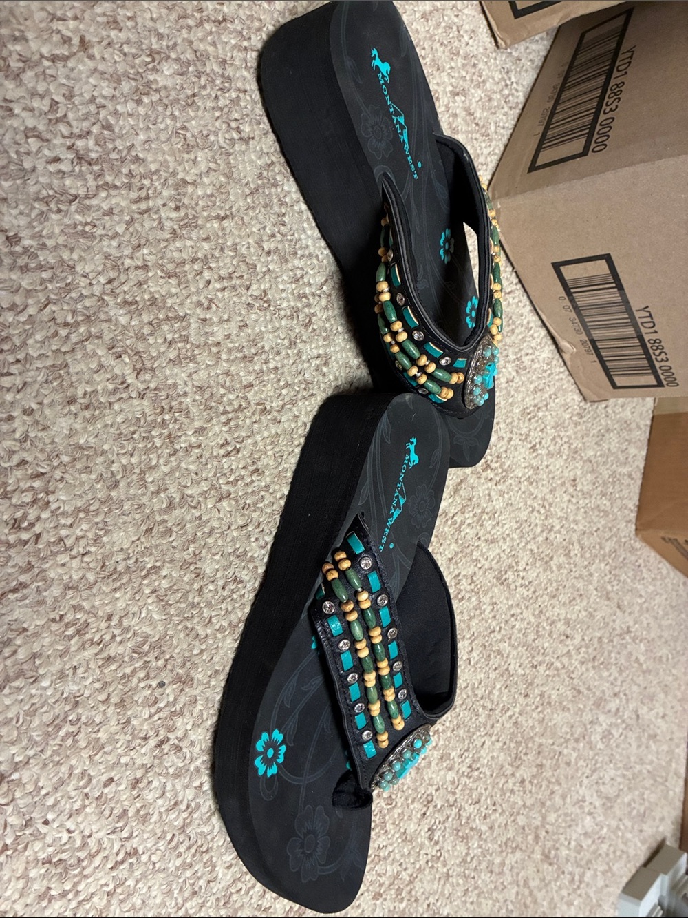 Montana West Black Flip Flops with Turquoise and Tan Beads - Picture 5 of 6